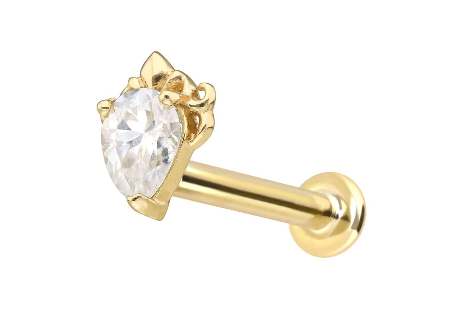 14 Karat Gold Labret Piercing mit Push Fit MOISSANIT-TROPFEN